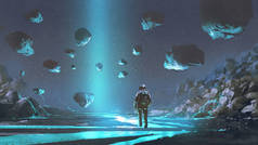 宇航员在绿松石星球与发光的蓝色矿物, 数字艺术样式, 例证绘画