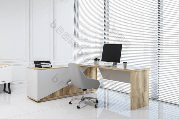 经理办公室的角落里有白色的墙壁, 高大的木制衣柜, 还有一张带白色椅子的电脑桌。全景窗口。3d 渲染模拟