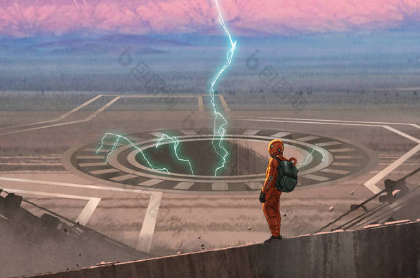 <strong>红色</strong>宇航员看着一个伟大的洞与闪电在地球上, 数字艺术风格, 插图画