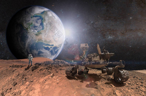 好奇的火星漫游者探索红色星球的表面。美国航天局提供的这一图像的要素.