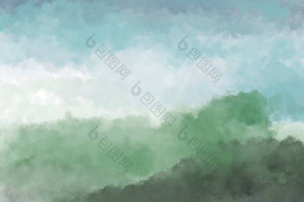 水彩画的背景说明显示的纹理的绿色和深蓝色的雾或烟雾的模式.森林之夜概念.