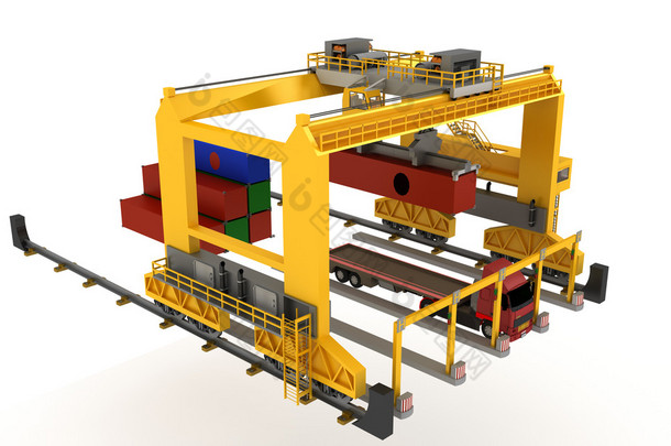 一艘大型集装箱船在集装箱港口集装箱起重机和卡车卡车载运<strong>货物运输</strong>过程中