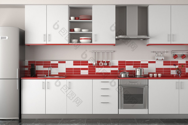 现代红色厨房的室内设计