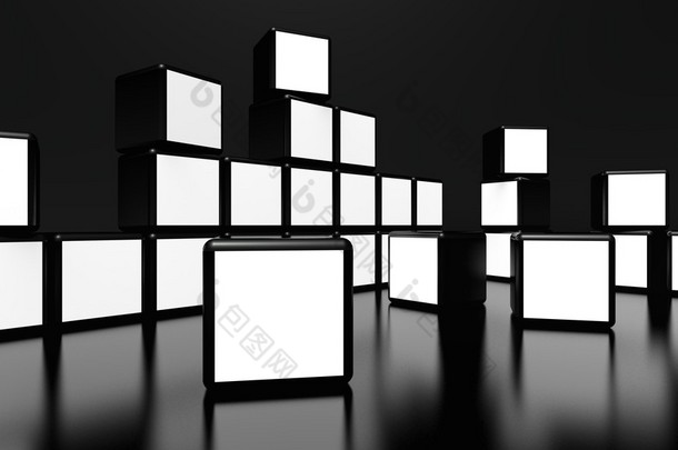 白色屏幕视频墙的许多多维数据集