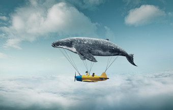 whale with aircraft and two girls over clouds图片