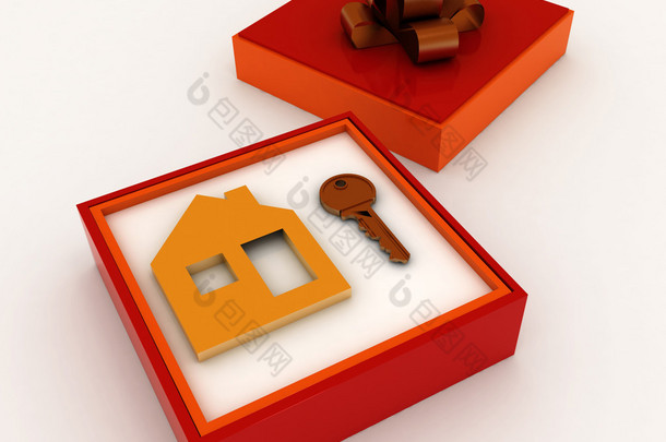 键和符号的房子在红色礼品盒