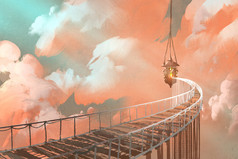 绳桥通往云挂灯笼