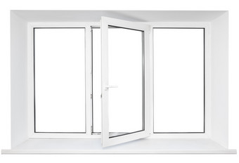 孤立在白色背景上的白色塑料三重门窗口。开着的门图片