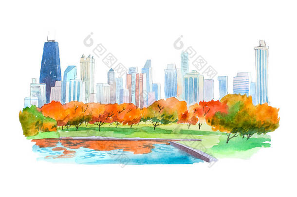 城市公园美丽的自然景观<strong>水彩</strong>插图的秋天.