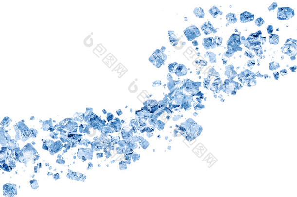 碰撞爆炸质地的白色背景上的蓝色冰块