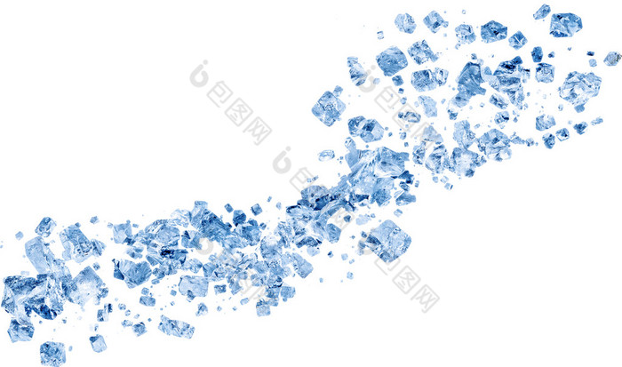 碰撞爆炸质地的白色背景上的蓝色冰块