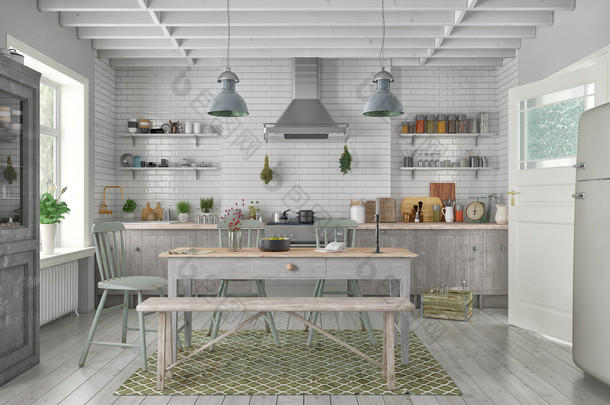 斯堪的纳维亚平-厨房-餐室的 3d 渲染
