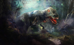 恐龙，暴龙雷克斯在树林里打猎