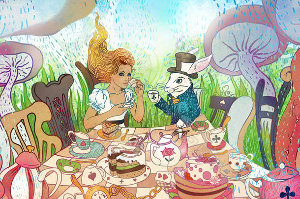 疯狂的茶会。爱丽丝梦游仙境 》 的插图。Gi