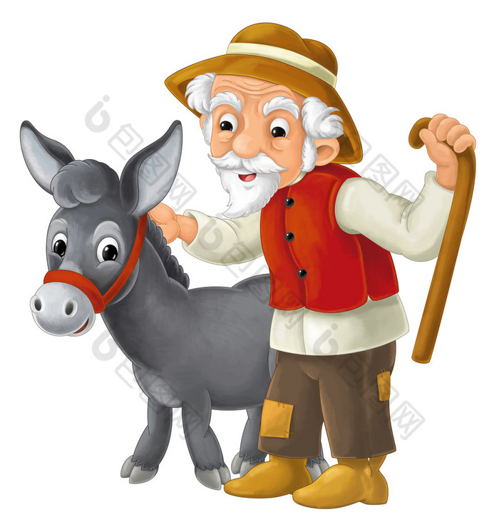 Cartoon donkey standing and watching with his owner - cute animal - isolated