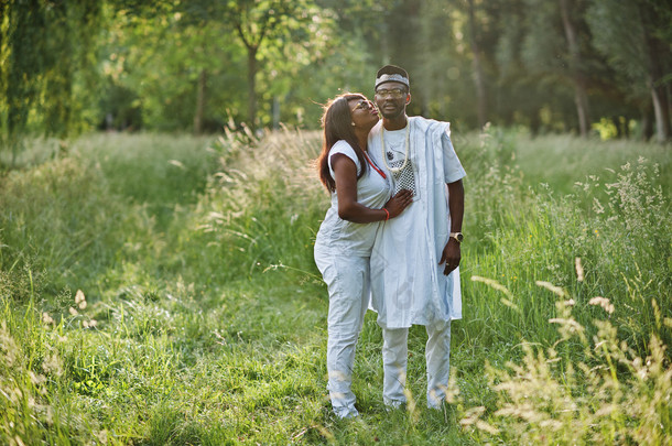 黑色非洲夫妇爱情日落在绿色公园接吻