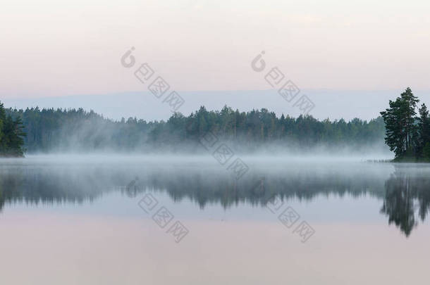 晨雾中森林湖