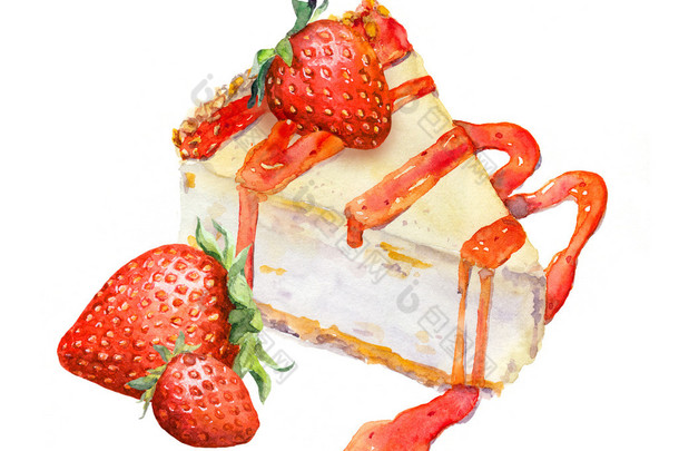 乳酪<strong>蛋糕</strong>草莓和果酱。水彩