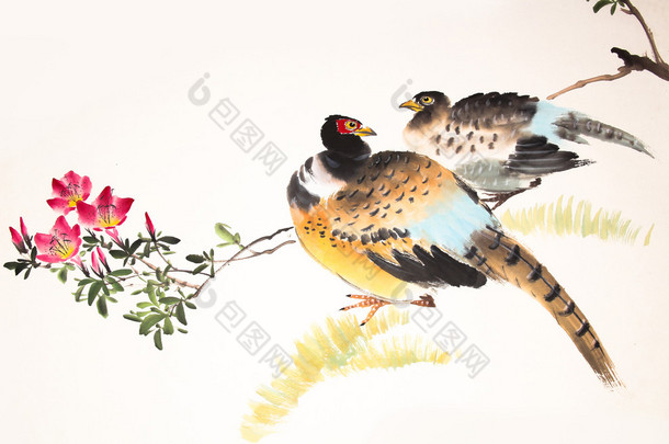 中国水墨<strong>绘画</strong>鸟和植物