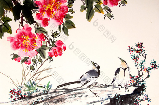 中国水墨绘画鸟和树
