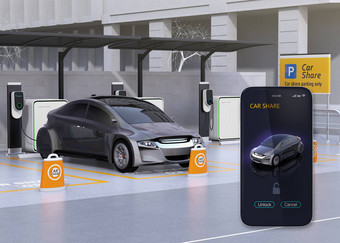 汽车共享停车场和智能手机应用程序共享图片