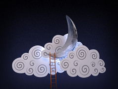 一架梯子，通往月亮在云层的抽象 3d 插图