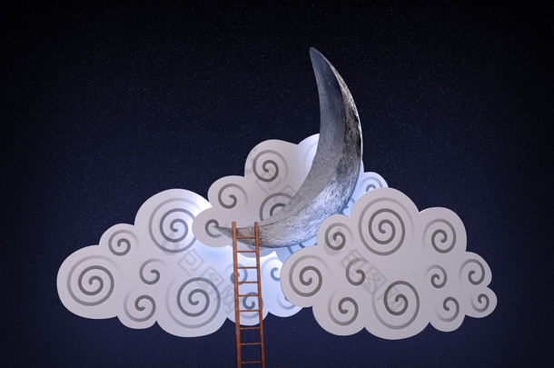 一架梯子，通往<strong>月</strong>亮在云层的抽象 3d 插图