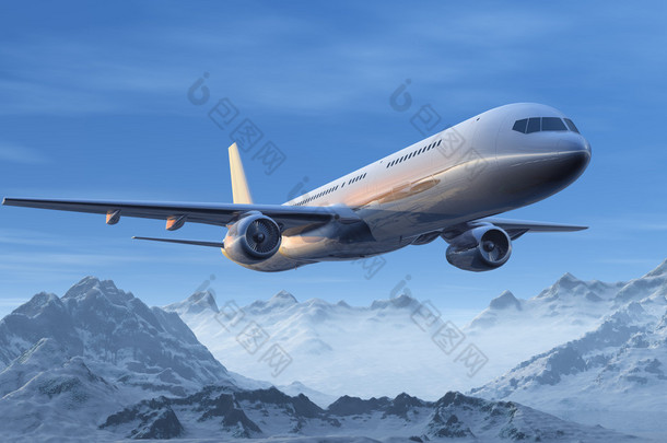 早上班机飞行在白雪皑皑的山峰