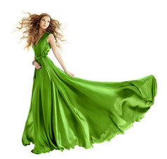 在美容时尚绿色长袍，长长的晚礼服的女人