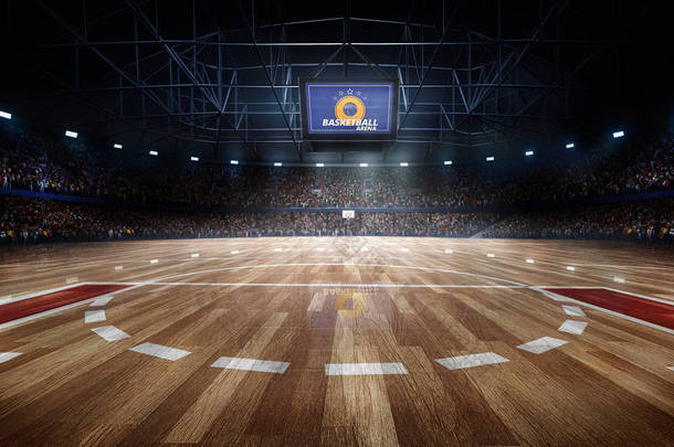 灯和球迷 3d 渲染专业篮球法院竞技场