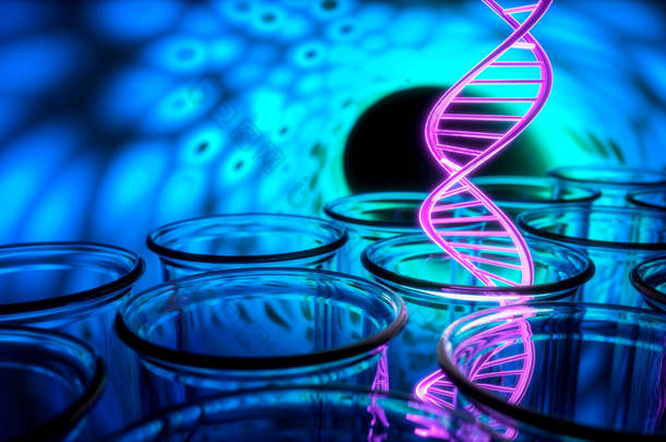 在试管中的双螺旋 Dna 的 3d 渲染