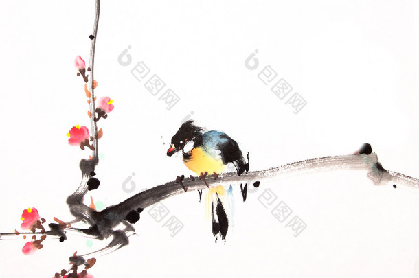 中国水墨绘画鸟和植物