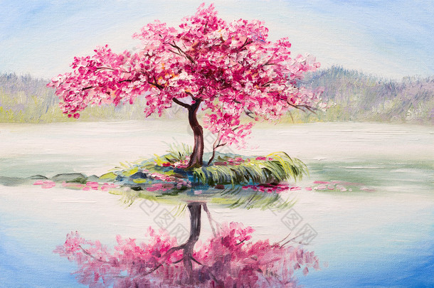 油画风景、 东方樱桃树、 樱花湖上
