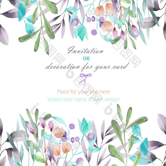 Background, template postcard with the watercolor branches, flowers and plants, hand drawn on a whit