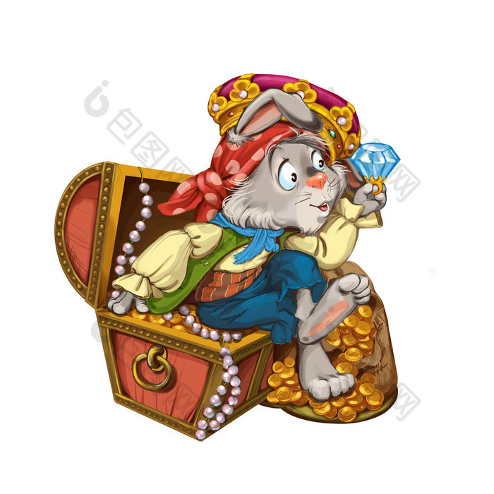 Cartoon hare pirate sits on a chest with jewelry.