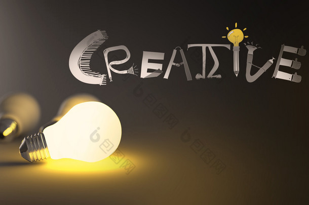 灯泡 3d 和<strong>手绘</strong>制的图形设计创意作为共同的词