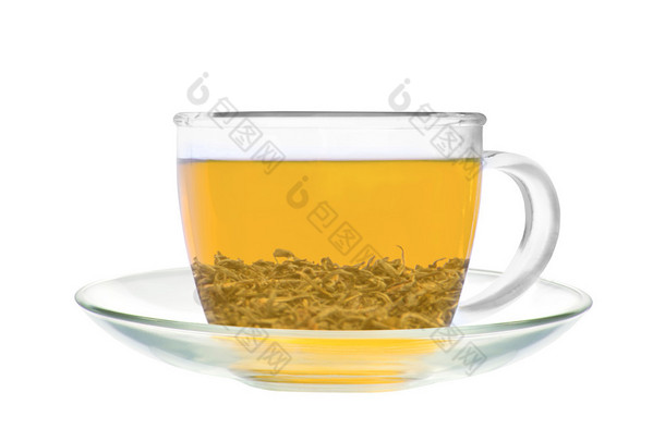透明杯绿茶上白色孤立
