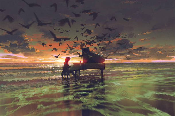  在海滩上弹钢琴的人