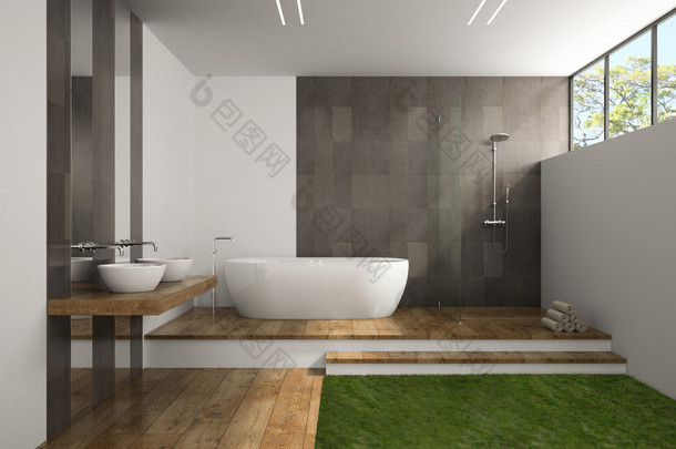 内部的浴室配有草楼 3d 渲染
