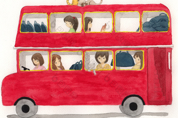 红色巴士与女孩和猫图