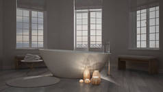 里面一个极简主义的浴室，spa 禅室内灯光的照明的蜡烛