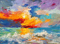 五彩的日落在地平线上，水彩，油画的大海