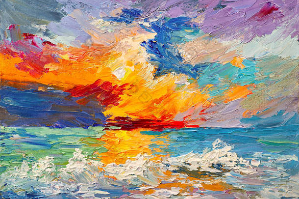 五彩的日落在地平线上，水彩，油画的<strong>大海</strong>