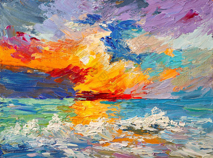 五彩的日落在地平线上水彩油画的大海