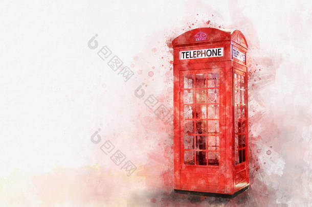 数字绘画的经典红色电话亭，水彩万科