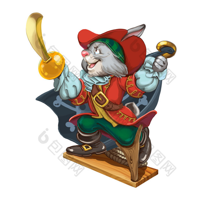 Cartoon hare pirate calls to adventures.