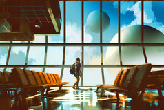 年轻的姑娘走在机场透过窗口看行星