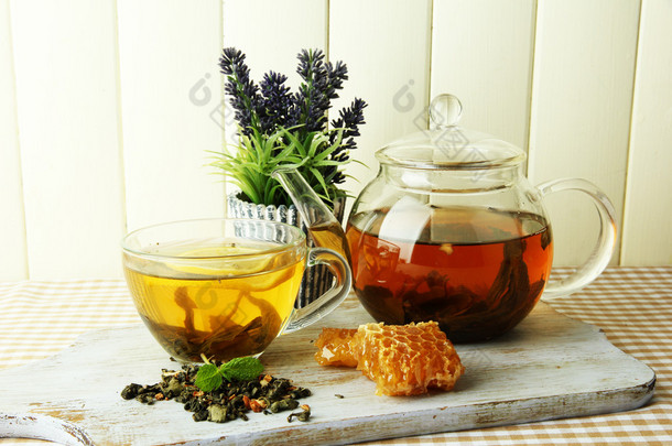 茶杯和茶壶，桌上放蜂蜜，木制底座