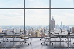 Workplaces in a modern panoramic office, New York city view from the windows. Open space. Black tabl