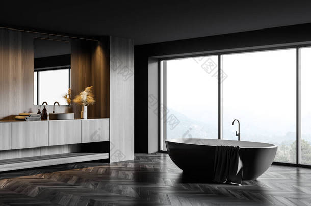 现代全景浴室的角落，有灰暗的木制<strong>墙壁</strong>、木制地板、舒适的灰色浴缸和带有垂直镜子的圆形水池。山景朦胧的窗户.3d渲染